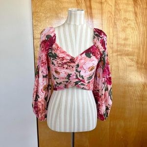 Express women’s faux wrap floral crop top with bell sleeves